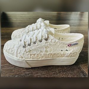 Superga White Lace Platform Sneakers with Floral Crochet